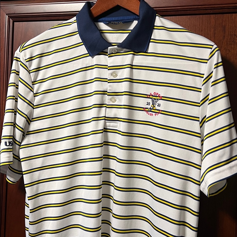 Polo Ralph Lauren Classic White, Blue & Yellow Striped US Open 2020 Golf Polo!